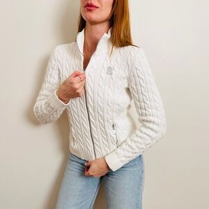 Ralph Lauren Cable Knit Sweater Full Zip Up Black Label Cotton Mock Neck